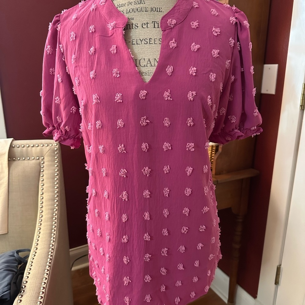 Pink Puff Sleeve Ruffled Mandarin Collar Blouse